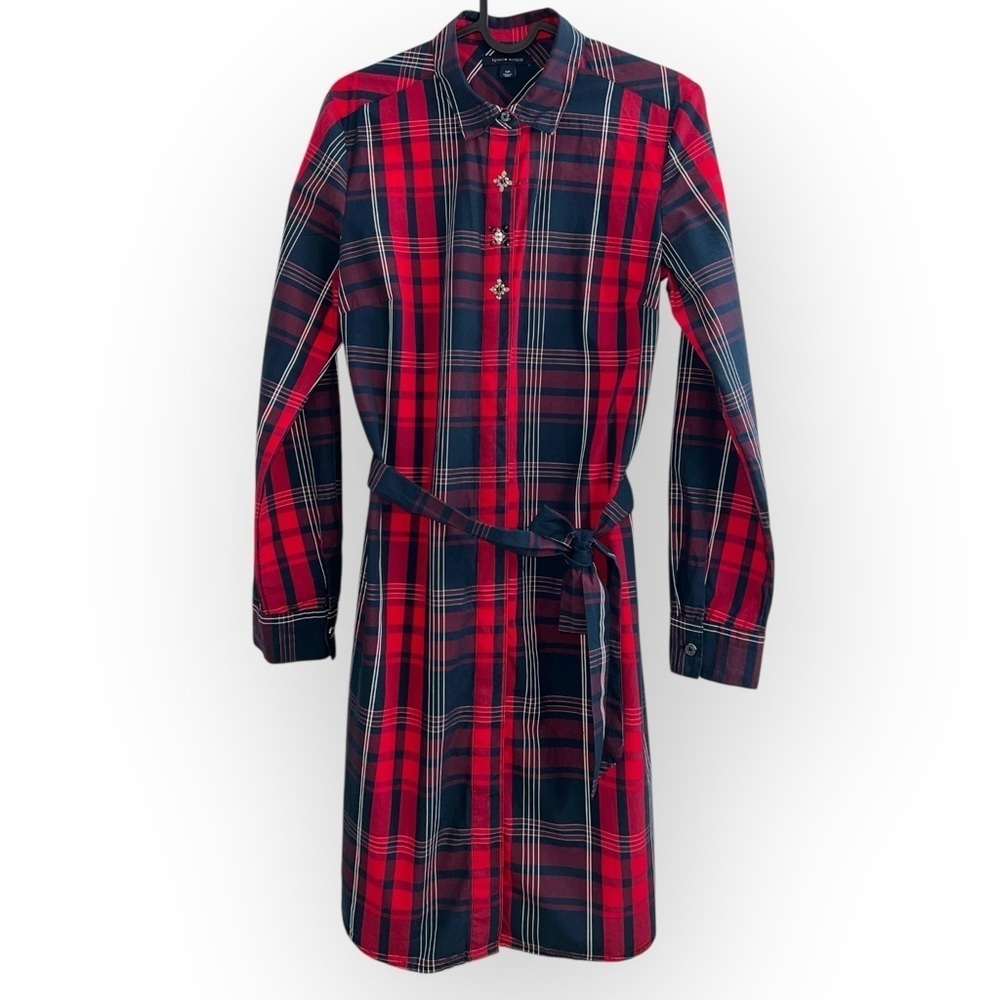 Tommy Hilfiger Red Navy Plaid Shirt mini collar Longsleeve cotton dress belt S - Picture 2 of 8